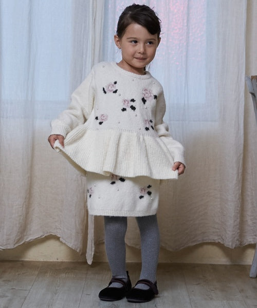 petit main 키즈 티셔츠 일본 쁘띠메인 유아 니트 플라워 진주 스웨터 2컬러