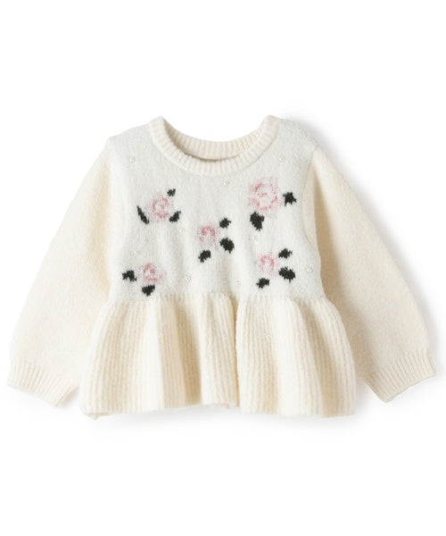 petit main 키즈 티셔츠 일본 쁘띠메인 유아 니트 플라워 진주 스웨터 2컬러