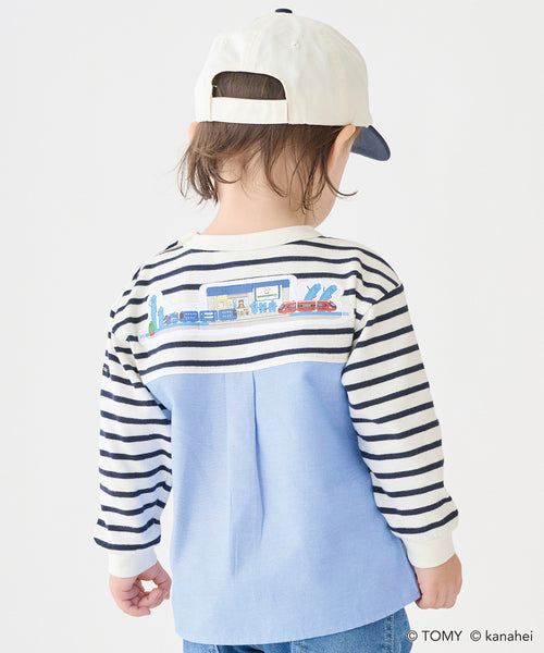 쁘띠메인 키즈 티셔츠 일본 petit main 긴팔티 플라 레일스 스트라이프 3컬러