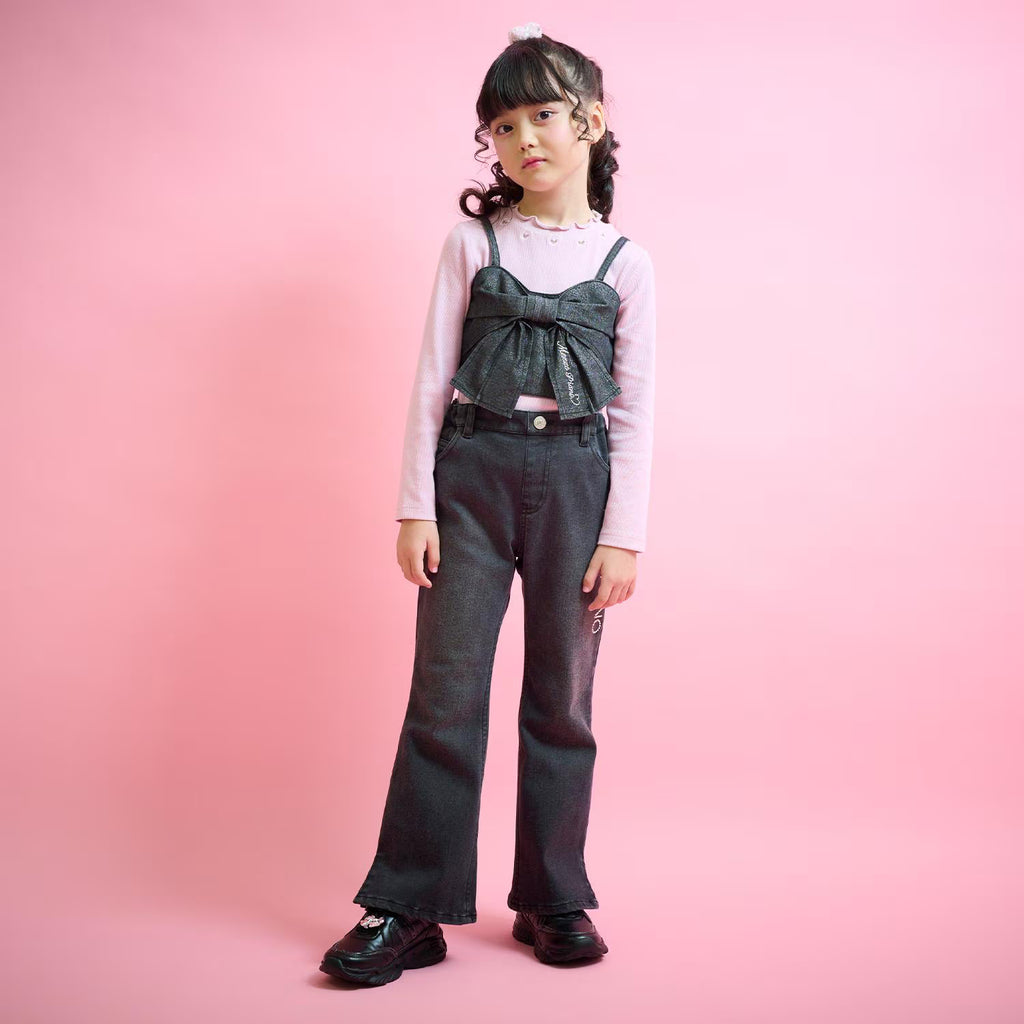 Mezzo Piano Kids Pants Japanese Mezzo Piano Jeans Rhinestone Flare Denim Long Pants 2 Colors 