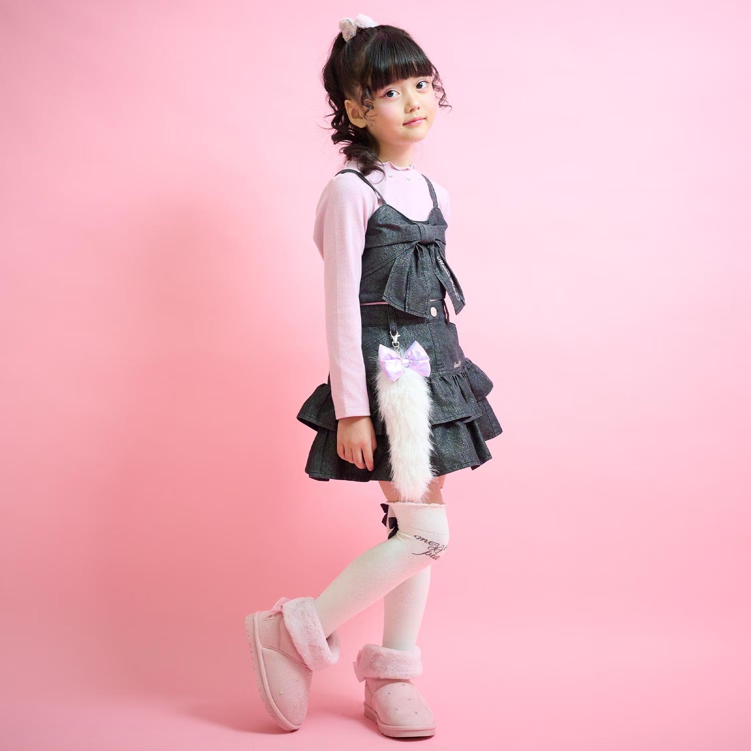 Mezzo Piano Kids T-shirt Japanese Mezzo Piano Lame Denim Ribbon Long Sleeve T-shirt Set (2 Colors) 