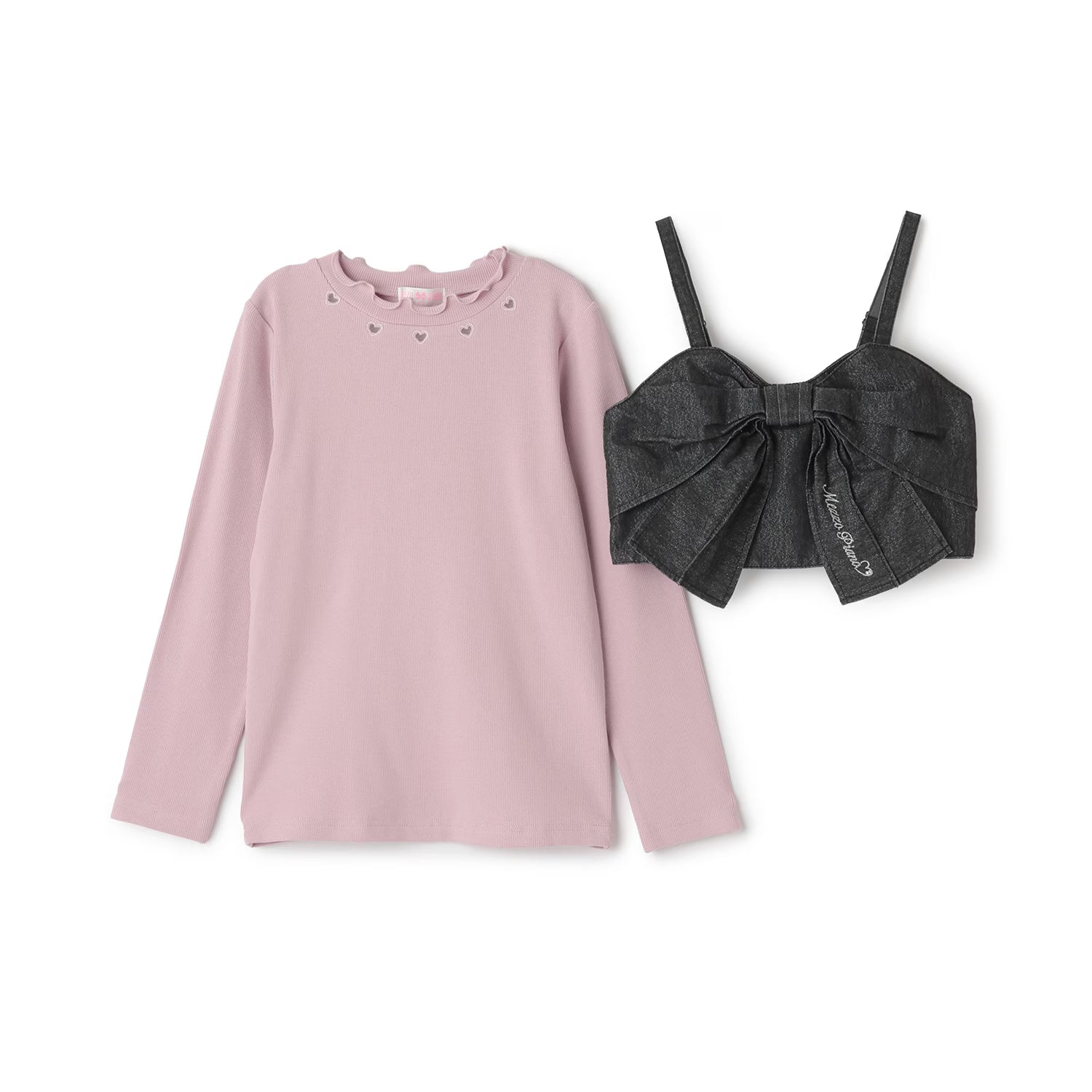 Mezzo Piano Kids T-shirt Japanese Mezzo Piano Lame Denim Ribbon Long Sleeve T-shirt Set (2 Colors) 