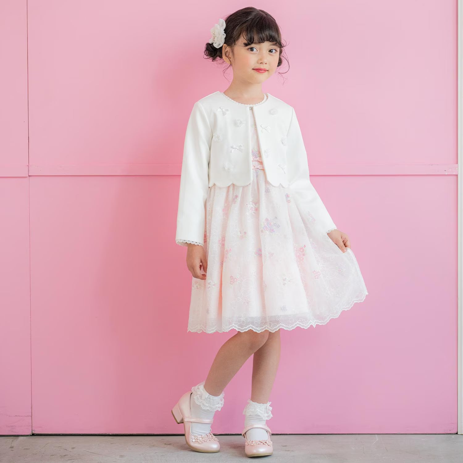 Mezzo Piano Kids Skirt Japanese Mezzo Piano Flower Motif Lace Embroidery One Piece Pink 