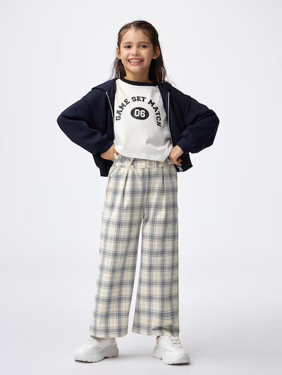 GU 키즈 바지 일본 지유 걸스 기모 와이드 팬츠 체크무늬 디자인 358589 2컬러