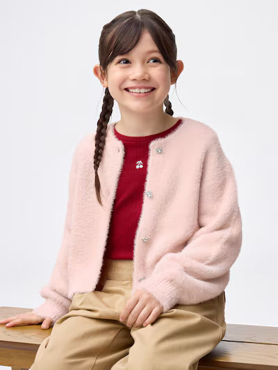 GU 키즈 가디건 일본 지유 카디건 샤기 니트 하트 비쥬 버튼 357587 4컬러