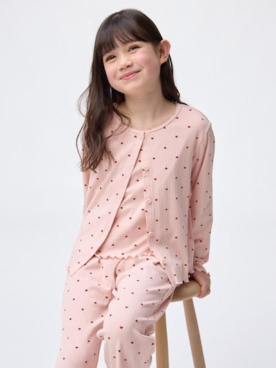 지유 잠옷 일본 GU 걸스 3피스 반팔 바지 가디건 라운지 세트 하트 361268 2컬러