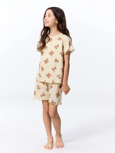 GU 키즈 잠옷 일본 지유 파자마 걸스 여아 코튼 라운지 반팔 반바지 세트 베어 프린트