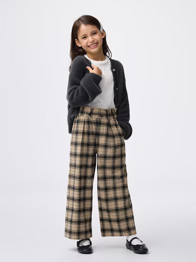 GU 키즈 바지 일본 지유 걸스 기모 와이드 팬츠 체크무늬 디자인 358589 2컬러