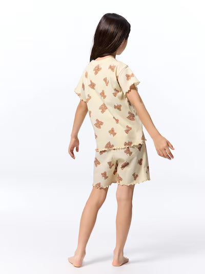 GU 키즈 잠옷 일본 지유 파자마 걸스 여아 코튼 라운지 반팔 반바지 세트 베어 프린트