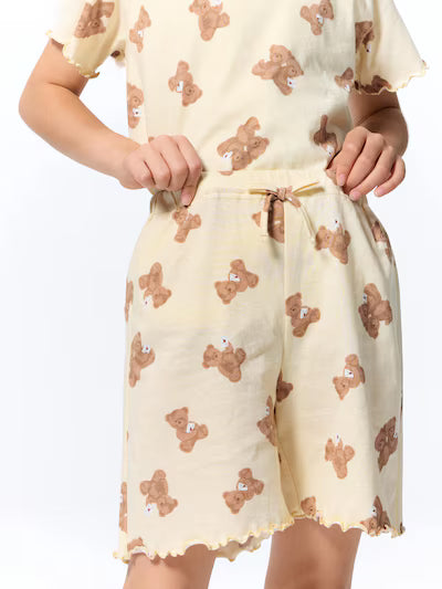 GU 키즈 잠옷 일본 지유 파자마 걸스 여아 코튼 라운지 반팔 반바지 세트 베어 프린트