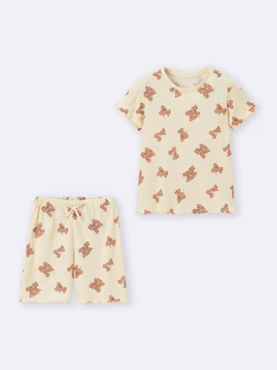 GU 키즈 잠옷 일본 지유 파자마 걸스 여아 코튼 라운지 반팔 반바지 세트 베어 프린트