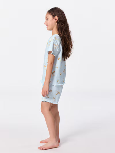 GU 키즈 잠옷 일본 지유 파자마 걸스 여아 코튼 라운지 반팔 반바지 세트 강아지 프린트