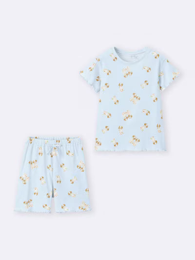 GU 키즈 잠옷 일본 지유 파자마 걸스 여아 코튼 라운지 반팔 반바지 세트 강아지 프린트