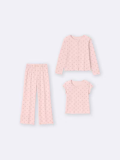 지유 잠옷 일본 GU 걸스 3피스 반팔 바지 가디건 라운지 세트 하트 361268 2컬러