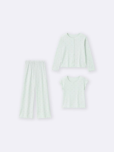 지유 잠옷 일본 GU 걸스 3피스 반팔 바지 가디건 라운지 세트 하트 361268 2컬러