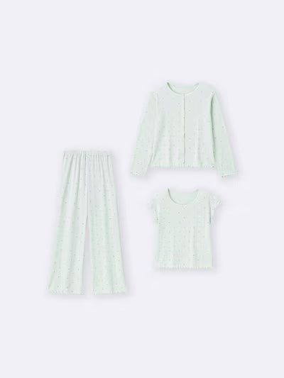 지유 잠옷 일본 GU 걸스 3피스 반팔 바지 가디건 라운지 세트 하트 361268 2컬러