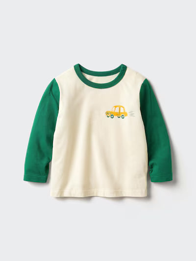 유니클로 키즈 티셔츠 일본 긴팔티 리브 크루넥 투톤 디자인 2컬러