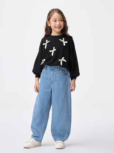 GU 키즈 바지 일본 지유 청바지 걸스 배럴 레그 라인스톤 팬츠 4컬러 358822