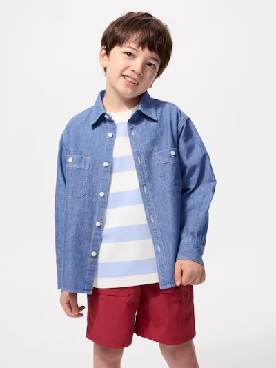 유니클로 키즈 셔츠 일본 긴팔 남방 샴브레이 무지 디자인 2컬러